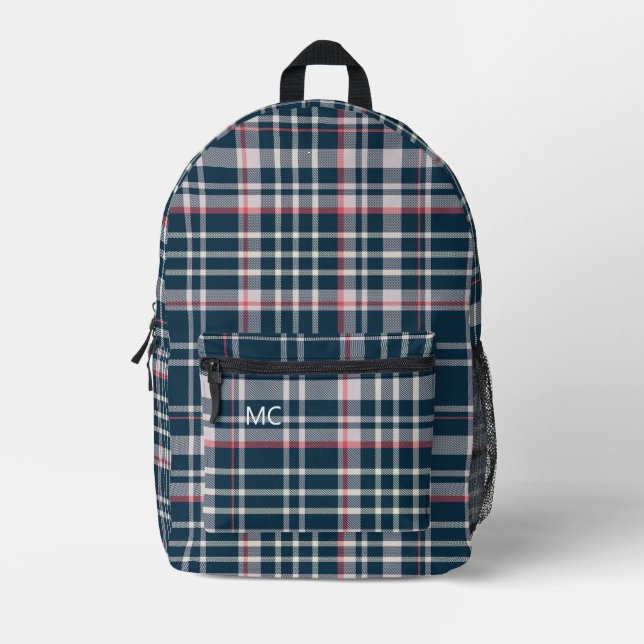 Sac À Dos Imprimé Moderne Bleu foncé Vérifier Plaid Monogrammes Init (Recto)