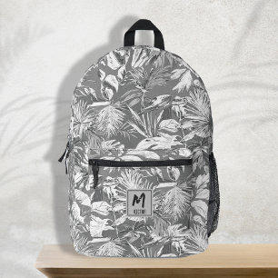 Sac À Dos Imprimé Moderne Tropical Leaf Grey Blanc Monogramme Design