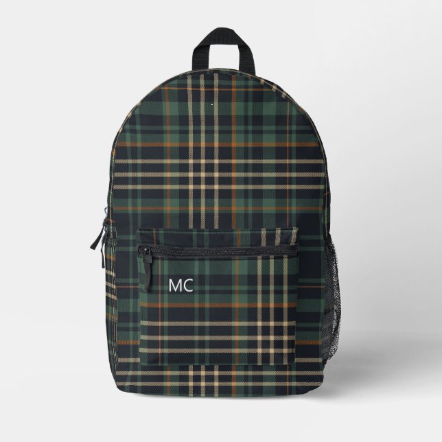 Sac À Dos Imprimé Moderne Vert foncé Vérifier Plaid Monogrammes Init (Recto)