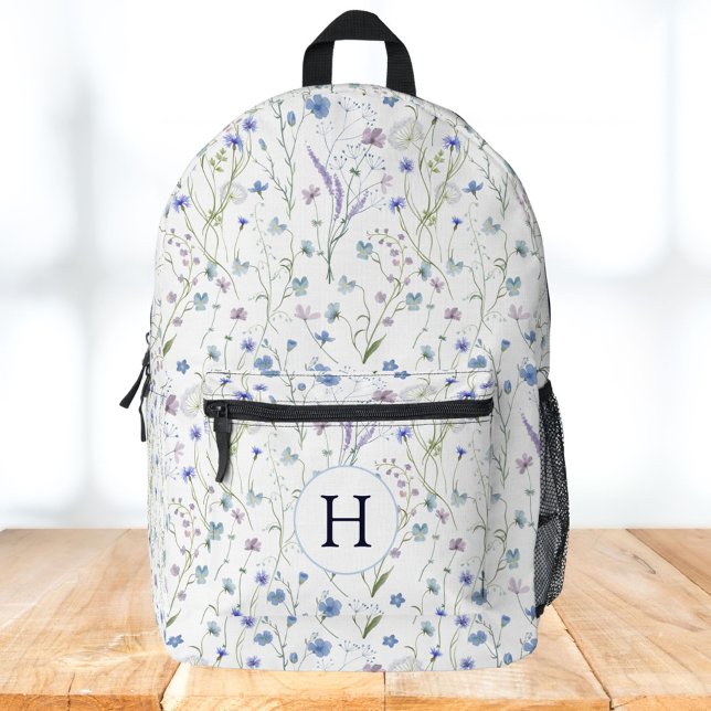Sac À Dos Imprimé Monogram Bleu Violet Jolies Fleurs Sauvages Floral (In situ)