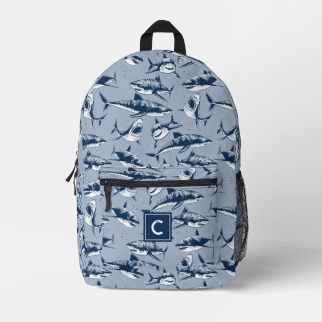 Sac À Dos Imprimé Monogramme bleu Motif de requin effrayant (Recto)