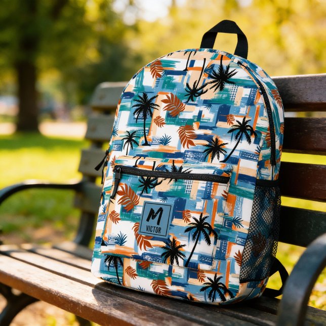 Sac À Dos Imprimé Monogramme bleu Motif Tropical Moderne (Modern tropical palm mix checked pattern blue monogram printed backpack, back to school)