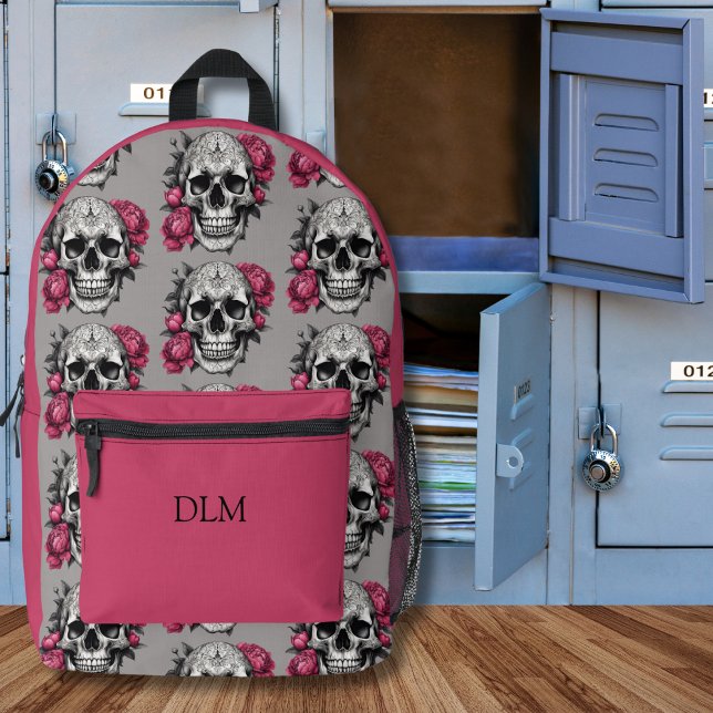 Sac À Dos Imprimé Monogramme de crâne gothique et de pivoines roses (Créateur téléchargé)