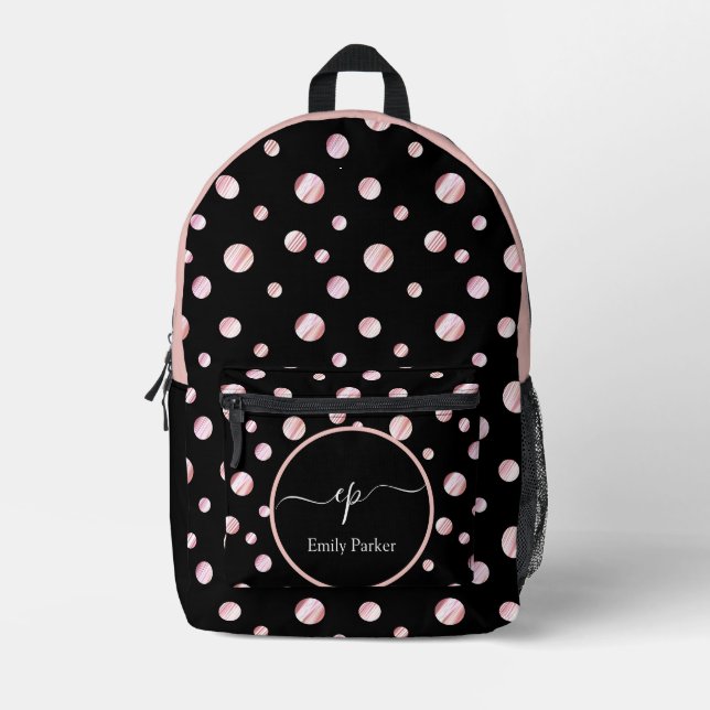 Sac À Dos Imprimé Monogramme de script Nom personnalisé Polka Noir C (Recto)