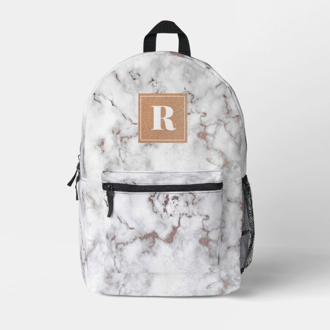 Sac À Dos Imprimé Monogramme en marbre blanc et Rose or (Recto)