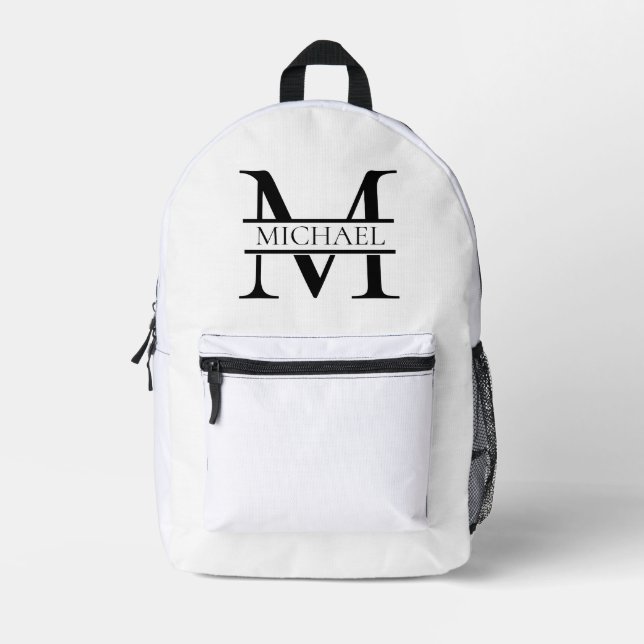 Sac À Dos Imprimé Monogramme et nom Elégant Personnalisé Blanc (Recto)
