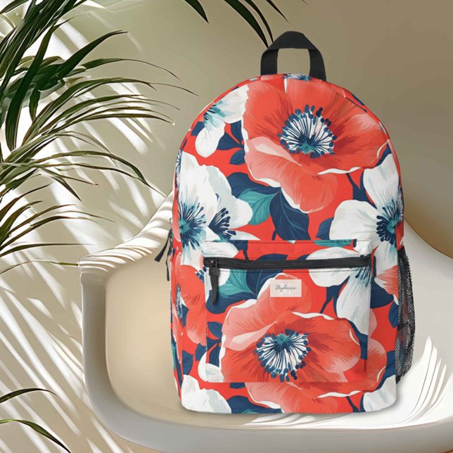 Sac À Dos Imprimé Monogramme floral bleu et rouge moderne (Add a splash of elegance and energy to your day with this vibrant coral floral backpack. )