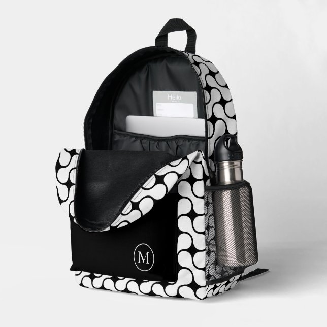 Sac À Dos Imprimé Monogramme géométrique moderne noir et blanc (Coin arrière droit (ouvert))