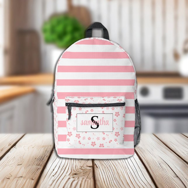 Sac À Dos Imprimé Monogramme initial avec rayures et fleurs roses (Créateur téléchargé)