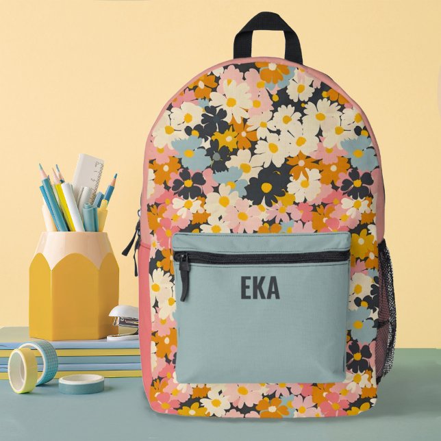 Sac À Dos Imprimé Monogramme Moderne Colorful Floral Girls School (A pretty floral pattern with your monogram name decorates this school backpack.)