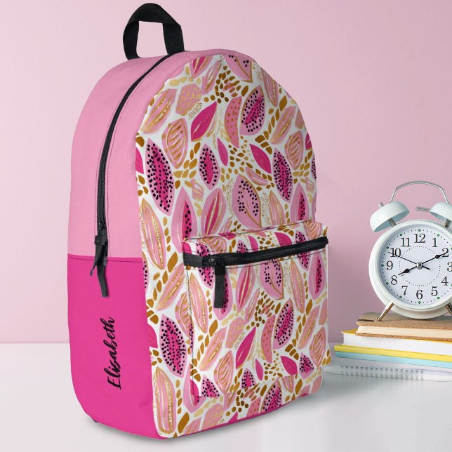 Sac À Dos Imprimé Monogramme Moderne Rose Or Cute Girls School (A pretty pink and gold abstract leaf pattern. decorates this girl's school backpack. So stylish!)