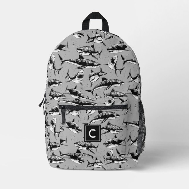 Sac À Dos Imprimé Monogramme noir Motif de requin effrayant (Recto)