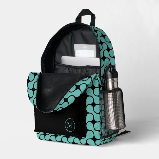 Sac À Dos Imprimé Monogramme noir Turquoise moderne géométrique (Coin arrière droit (ouvert))