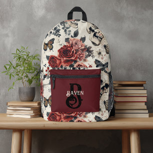 Sac À Dos Imprimé Monogramme personnalisé Rose rouge gothique et crâ