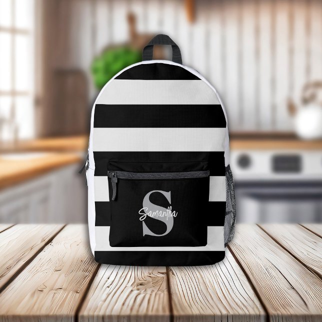 Sac À Dos Imprimé Monogramme rayé noir et blanc Nom initial (Créateur téléchargé)