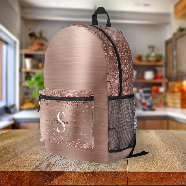 Sac À Dos Imprimé Monogramme Rose Gold Faux-Parties scintillant Girl (Monogram Rose Gold Glitter Girly Glam Printed Backpack)