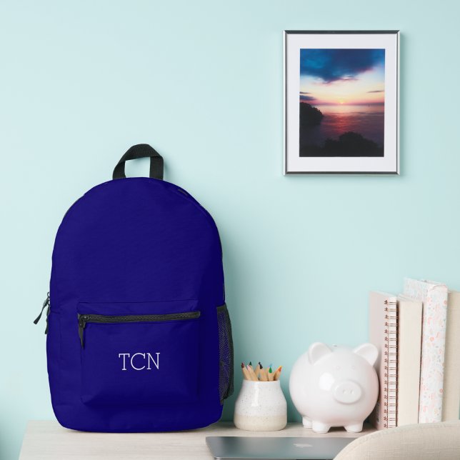 Sac À Dos Imprimé Monogrammes Initiales Marine Bleu Blanc Classique (Navy Blue White Monogrammed Classic Backpack- School Work, Gift for him)