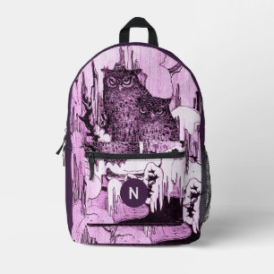 Sac À Dos Imprimé Moody Vintage Owls Plum Purple Monogramme