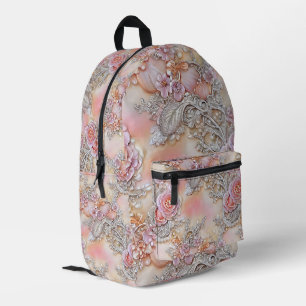 Sac À Dos Imprimé motif 3-D de roses rose et argent