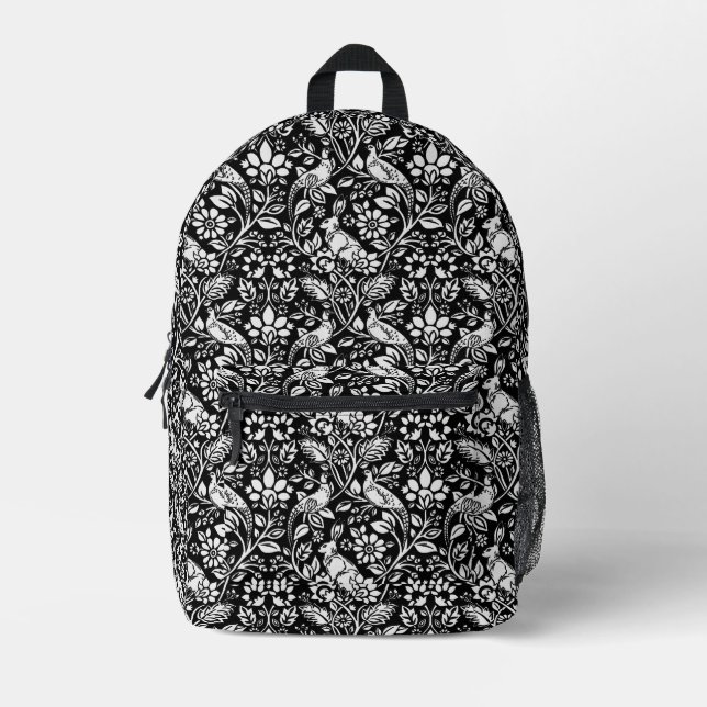 Sac À Dos Imprimé Motif de faisan et lièvre, noir et blanc (Recto)