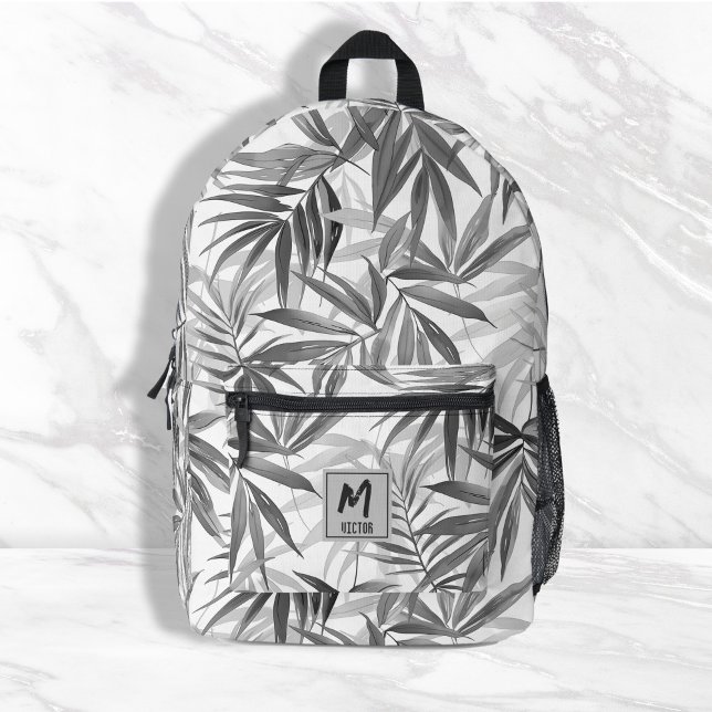 Sac À Dos Imprimé Motif de feuille tropicale moderne Monogramme Desi (modern tropical leaf pattern monogram design printed backpacks, travel bags, back to school)