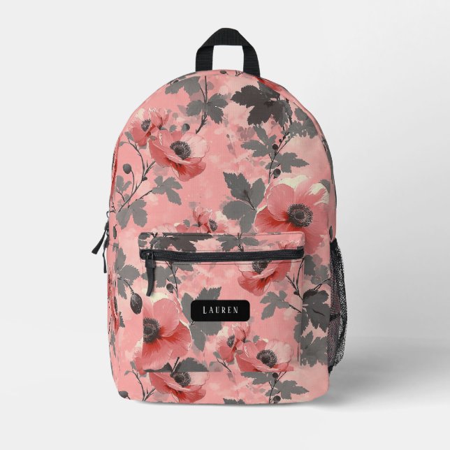 Sac À Dos Imprimé Motif de fleurs de pavot rose, rousse (Recto)