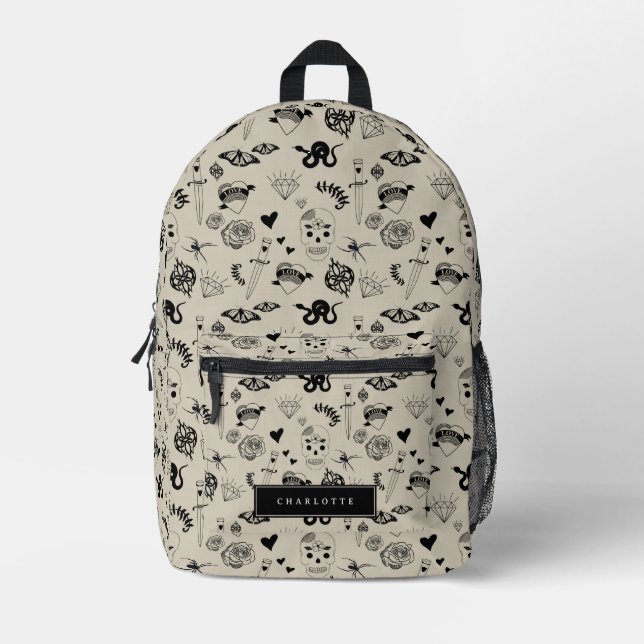 Sac À Dos Imprimé Motif de tatouage à main noir et beige (Recto)