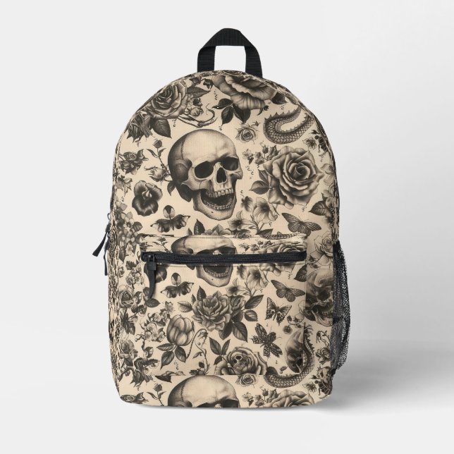 Sac À Dos Imprimé Motif de tatouage au crâne et aux fleurs (Recto)