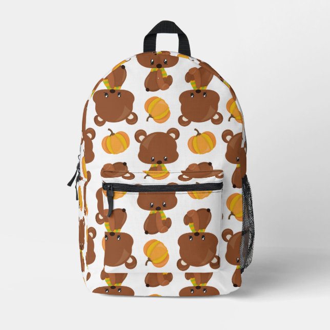 Sac À Dos Imprimé Motif D'Ours, Ours Mignons, Automne, Citrouille (Recto)