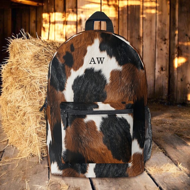Sac À Dos Imprimé Motif rustique de la vache blanche (Personalize with your initials.)