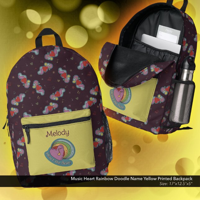 Sac À Dos Imprimé Music Heart Rainbow Doodle Nom Jaune (Heart the Beat Rainbow Doodle  Design Backpack: Personalized with Owner's Name - Yellow Accent Color)