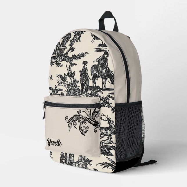 Sac À Dos Imprimé Noir et crème Motif Toile Français Personnalisé (Coin arrière droit)