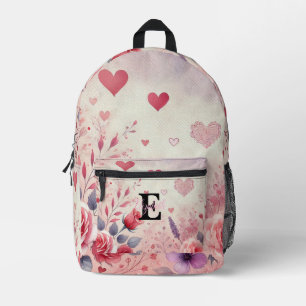 Sac À Dos Imprimé Nom du monogramme Coeurs de Valentine aquarelle fl