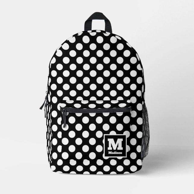 Sac À Dos Imprimé Nom du monogramme Pois noir et blanc classique (Recto)