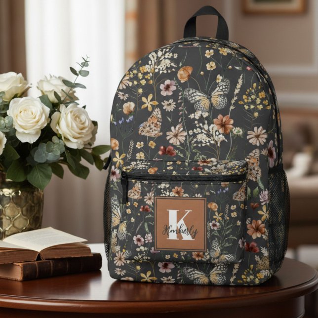 Sac À Dos Imprimé Nom Monogramme Floral Boho Moderne (Créateur téléchargé)