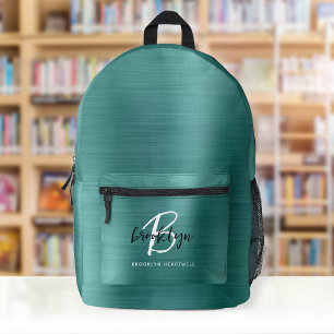 Sac À Dos Imprimé Nom Monogramme Métal Brossé Sarcelle Noir Blanc