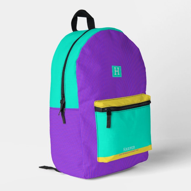 Sac À Dos Imprimé Nom personnalisé moderne violet vert et jaune (Coin arrière gauche)