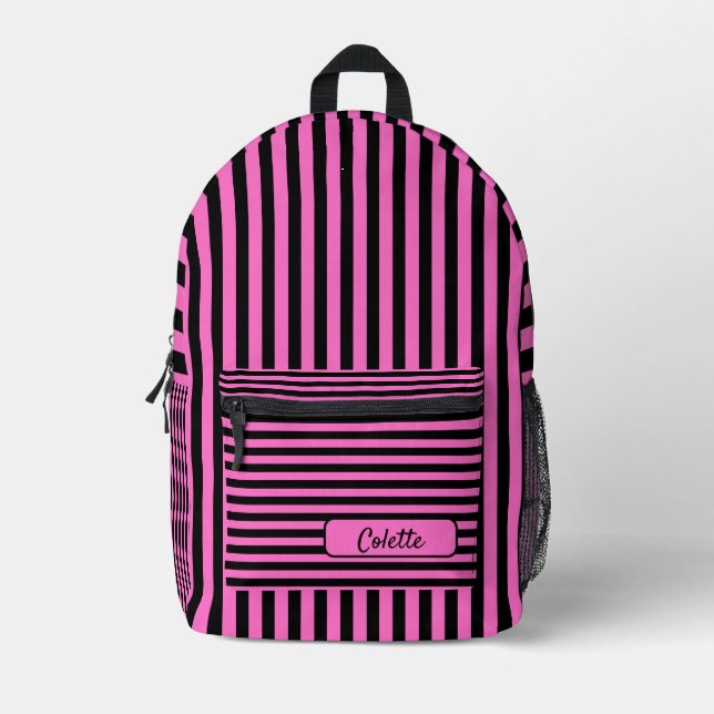 Sac À Dos Imprimé Nom rayé vintage noir rose néon (Recto)