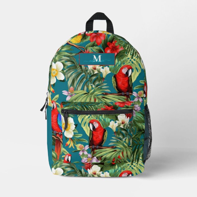 Sac À Dos Imprimé Oiseaux tropicaux et fleurs Nom du monogramme pers (Recto)