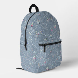 Sac À Dos Imprimé Papillons en relief aquarelle sur lin bleu denim