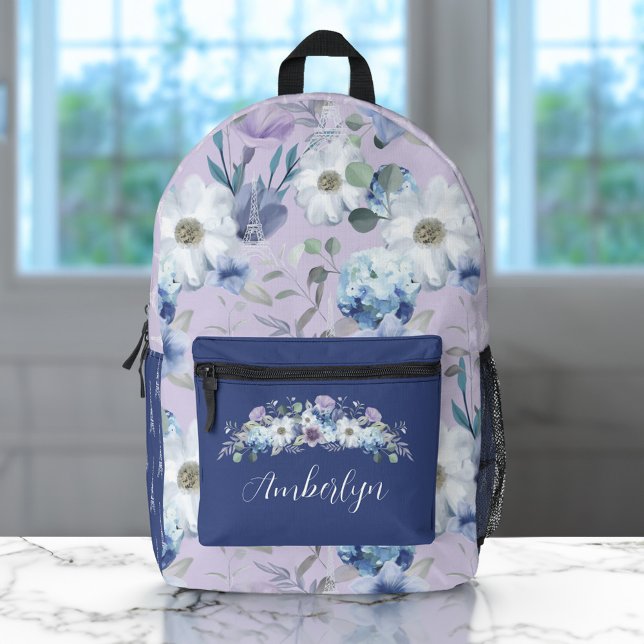Sac À Dos Imprimé Paris Tour Eiffel Violet Aquarelle Floraison Nom (Paris Eiffel Tower Violet Watercolor Florals Name Printed Backpack)