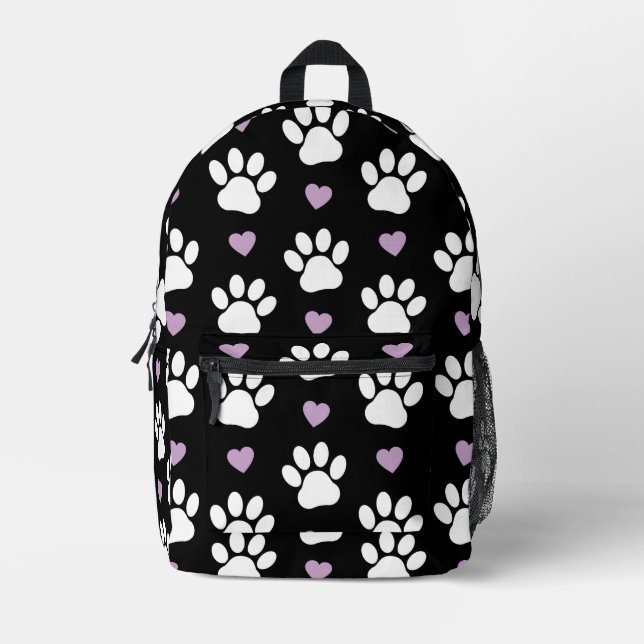 Sac À Dos Imprimé Paw Motif, Chien Paws, White Paws, Lilac Hearts (Recto)