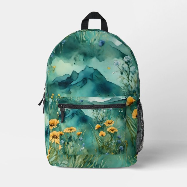 Sac À Dos Imprimé Paysage aquarelle de fleurs sauvages Vert de print (Recto)