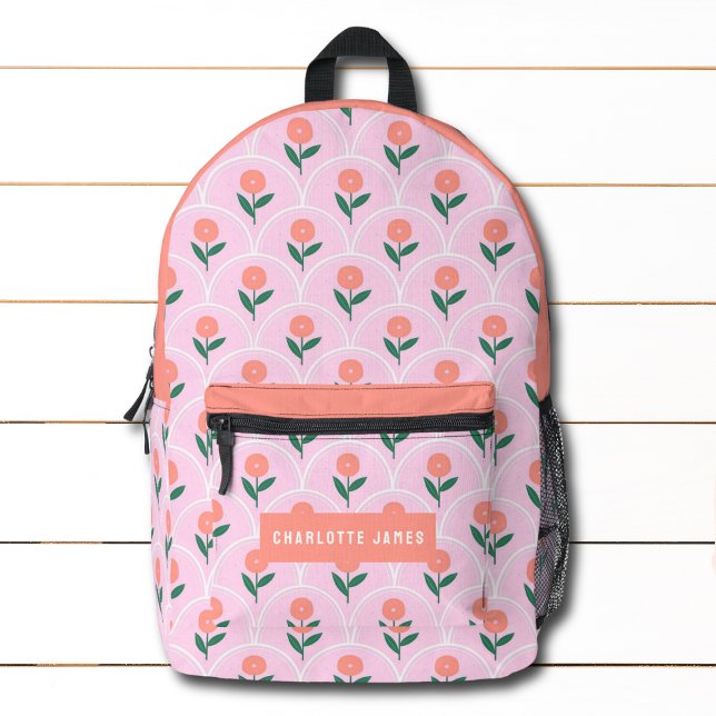 Sac À Dos Imprimé Peach moderne Floral Nom personnalisé (Créateur téléchargé)