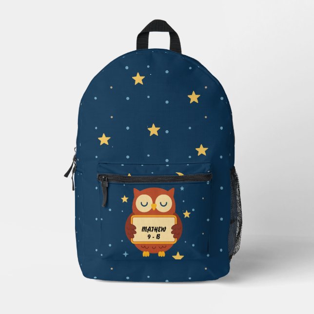 Sac À Dos Imprimé Personalized Kids Owl Backpack – Starry Night Name (Recto)