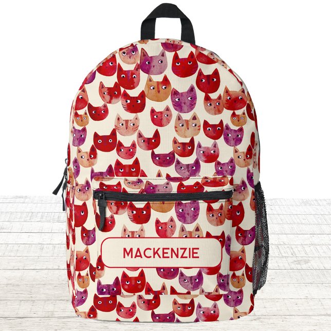 Sac À Dos Imprimé Personnalisé Fun coloré Motif d'aquarelle de chat (Fun kitty cat pattern watercolor red orange purple personalized custom name backpack)