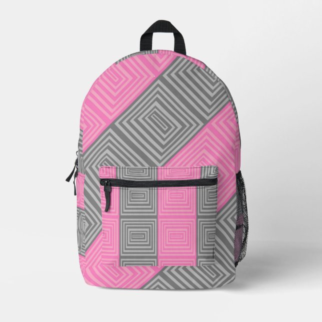 Sac À Dos Imprimé Pink & Gray Backpack With Abstract Squares Stripes (Recto)