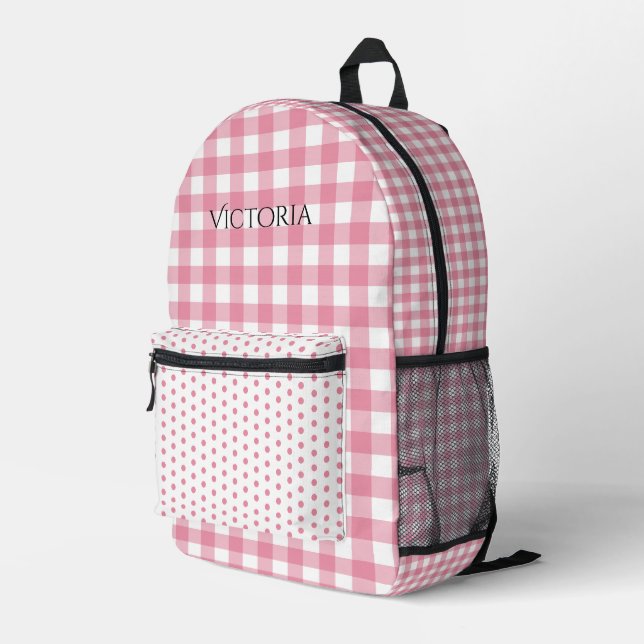 Sac À Dos Imprimé Pink White Gingham Polkadot Personalized  (Coin arrière droit)