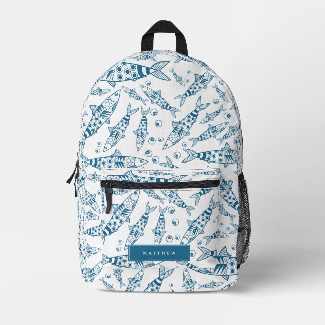Sac À Dos Imprimé Portugais Lisbonne Sardines Motif Azulejos Blanc (Recto)