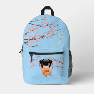 Sac À Dos Imprimé Poupée Ume Kokeshi - Japonaise Geisha Girl Blue